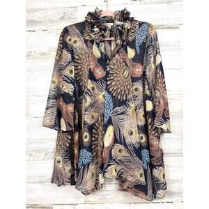 Jaipur Womens M Peacock Print Tunic Blouse Retro Boho Ruffle Neck Lightweight